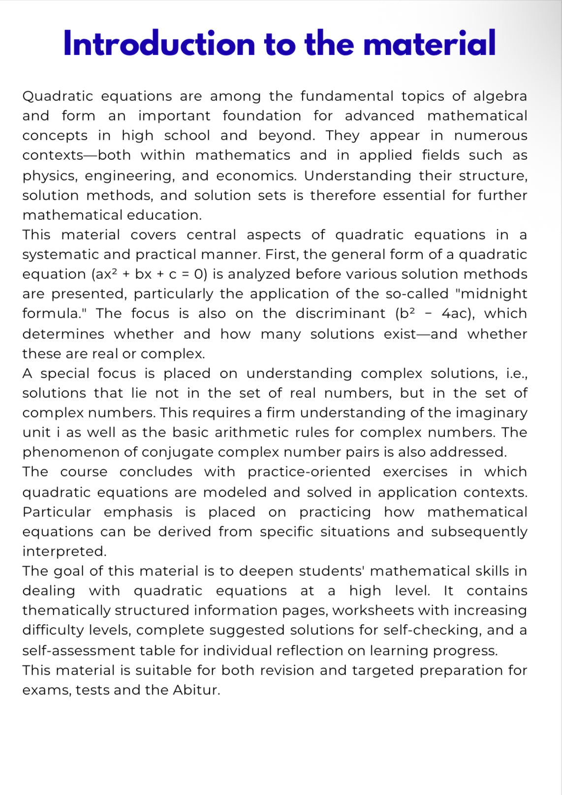 Algebra – Quadratic Equations and Complex Solutions | Advanced Problem Solving Workbook | GRADE 8–11