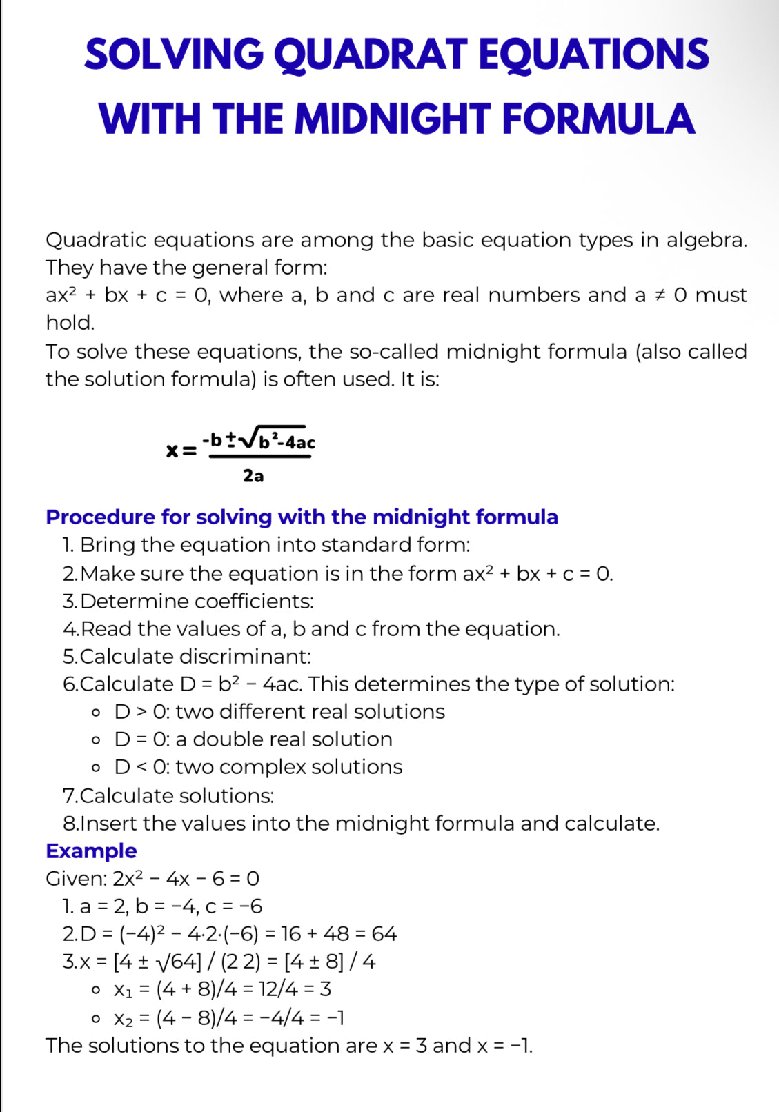 Algebra – Quadratic Equations and Complex Solutions | Advanced Problem Solving Workbook | GRADE 8–11