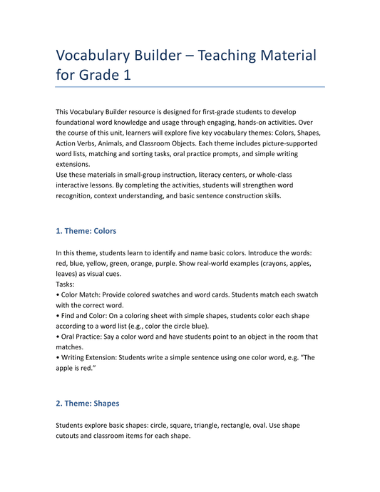 English Vocabulary Trainer – Grade 1 | 5 Topics & Practice Tasks