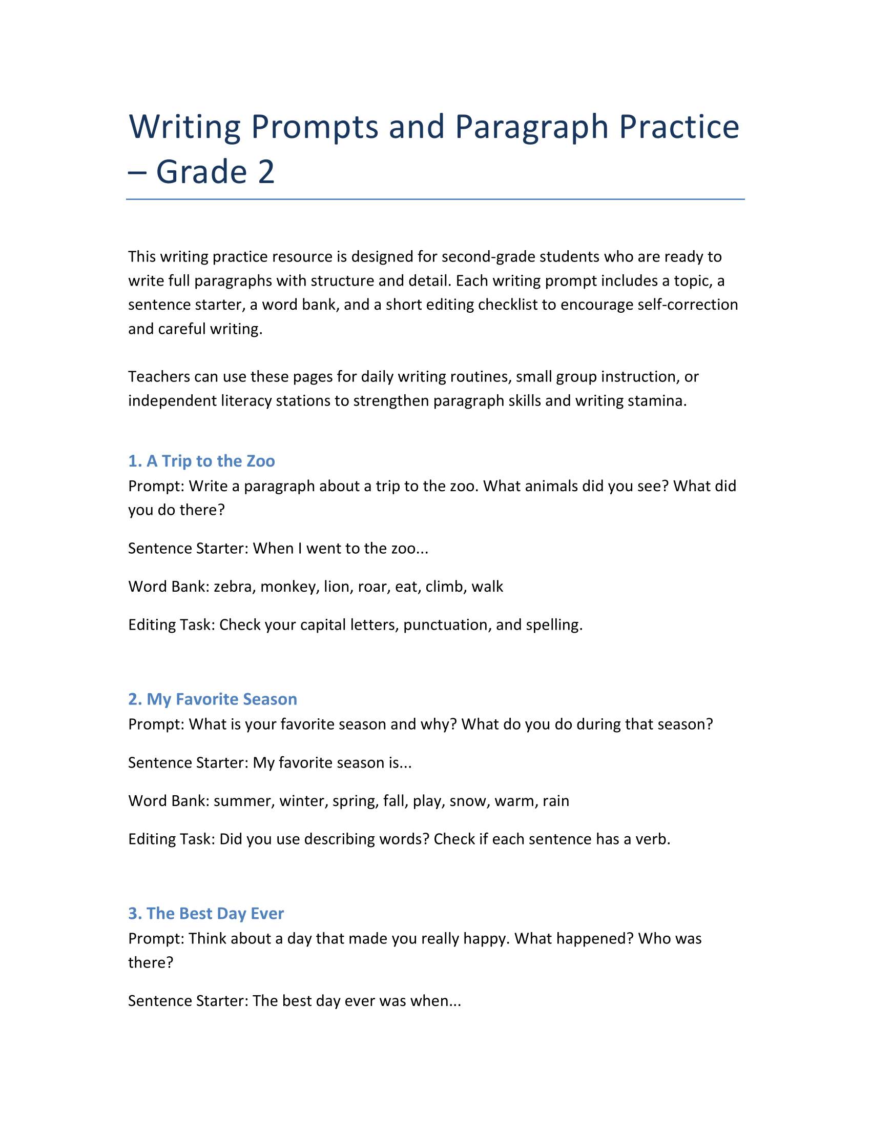 Grade 2 Writing Prompts – Sentence Starters & Creative Tasks