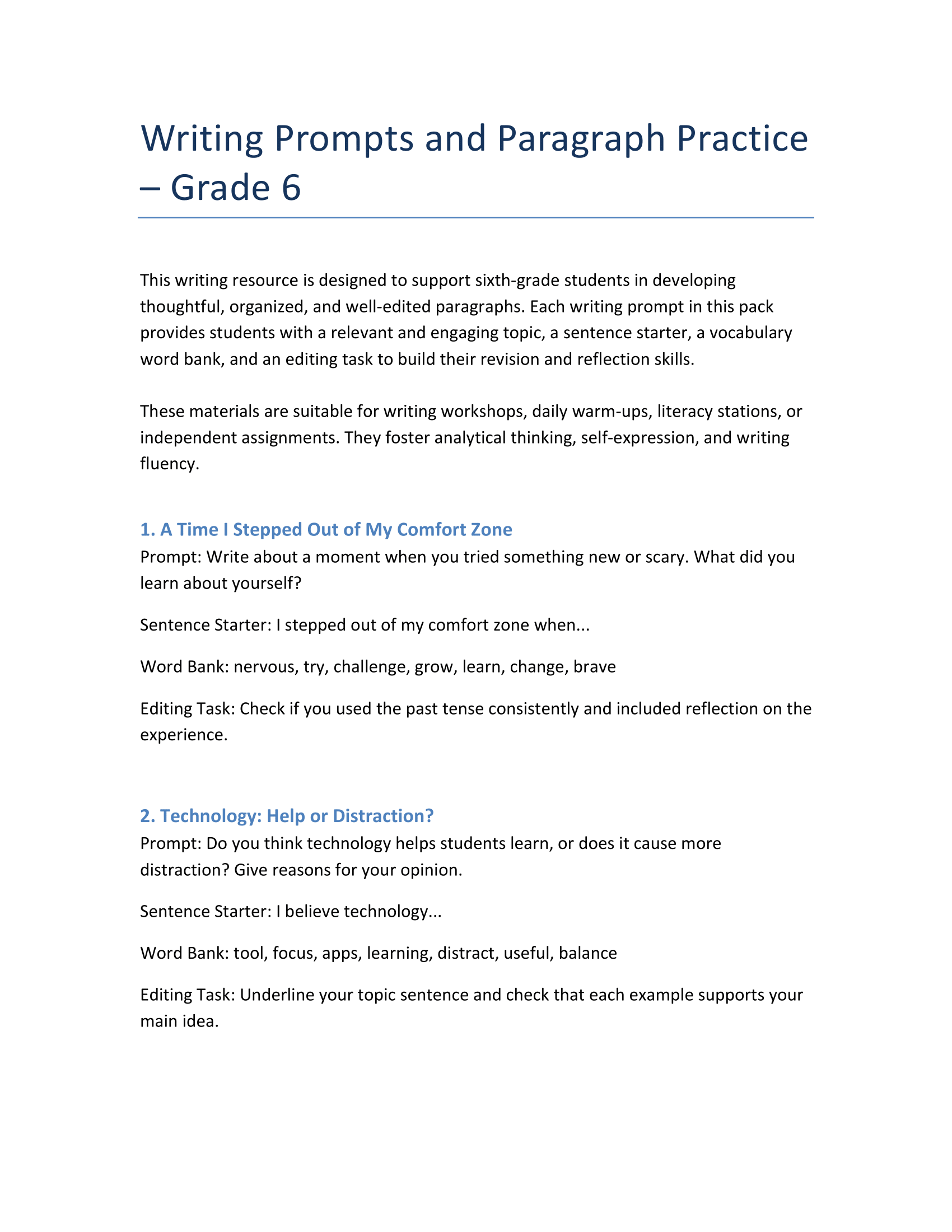 Grade 6 Writing Prompts – Structure, Vocabulary & Editing Tools
